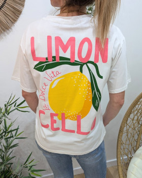 T-Shirt femme blanc Lemon Cello jaune et rose