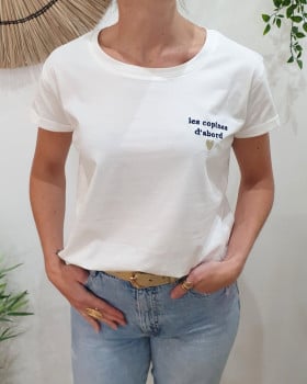 T-Shirt femme blanc broderie les copines d'abord marine