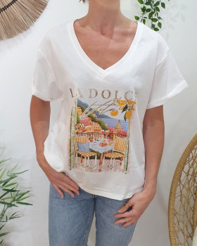 T-shirt femme blanc La Dolce Vita multicolore