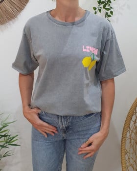 T-shirt femme gris délavé Limon jaune rose vert