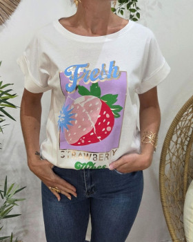 T-Shirt femme ecru Fresh strawberry vibes