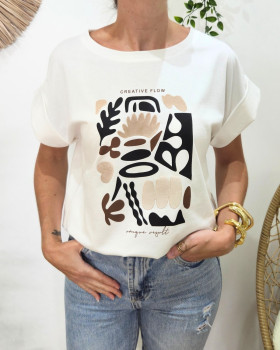T-Shirt femme blanc motifs noirs marrons creative flow