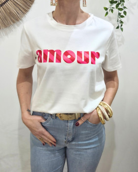T-shirt femme blanc amour rayures roses et rouges