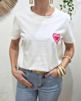 T-Shirt femme blanc Coeur Maman cool brodé rose et rouge