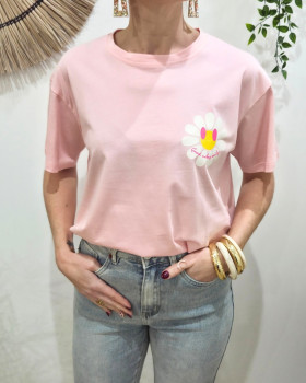 T-Shirt femme rose fleurs good vibes Only
