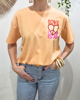 T-Shirt femme orange Love is in the air paillettes