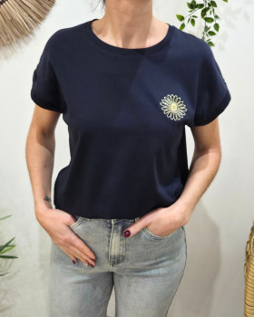 T-shirt femme marine fleur dorée brodée