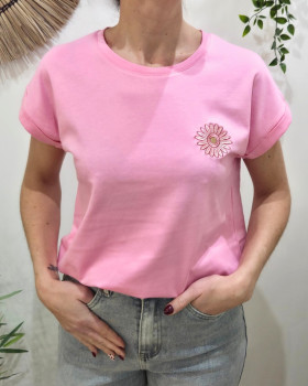 T-shirt femme rose baby fleur rose dorée brodée