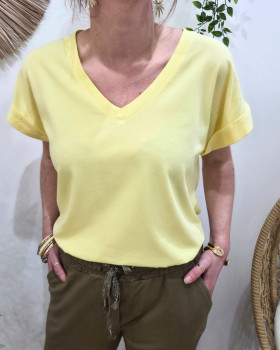 T-shirt femme uni col V-Jaune