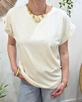 T-shirt femme uni col rond-Beige