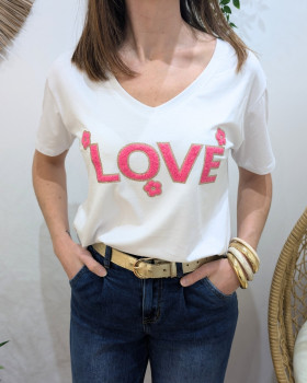 T-Shirt femme blanc LOVE fleuri bouclettes fuchsia paillettes dorées