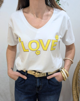 T-Shirt femme blanc LOVE fleuri bouclettes jaune paillettes dorées