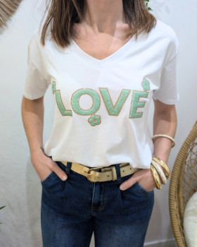 T-Shirt femme blanc LOVE fleuri bouclettes vert d'eau paillettes dorées