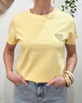 T-Shirt femme jaune pâle broderie coeur doré