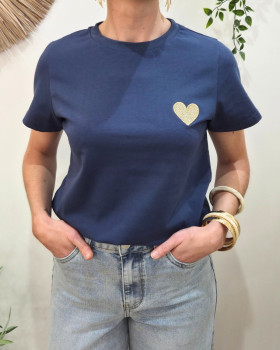 T-Shirt femme bleu marine broderie coeur doré