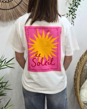 T-shirt femme blanc le soleil rose et jaune