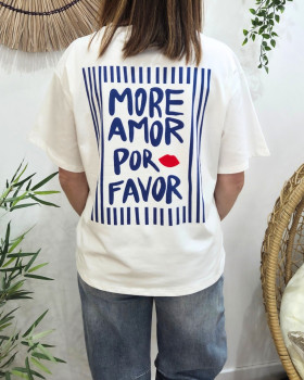 T-shirt femme blanc more amor por favor bleu