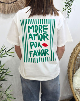 T-shirt femme blanc more amor por favor vert