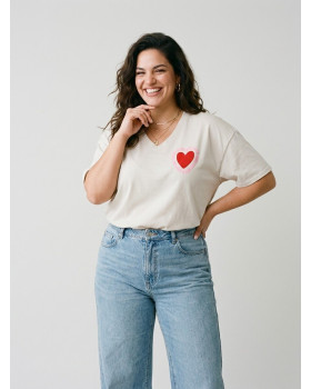 T-shirt femme col V Que du love-Beige