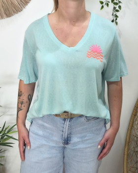 T-shirt femme col V soleil-Vert d'eau