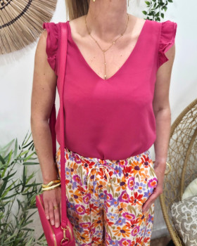 Top femme uni rose fichsia manches volantes