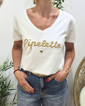 T-Shirt femme blanc broderie pipelette doré