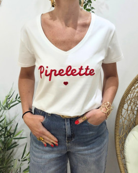 T-Shirt femme blanc broderie pipelette rouge