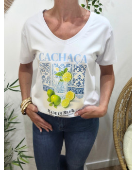 T-Shirt femme blanc Cachaca bleu et vert
