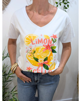 T-Shirt femme blanc Limon Cello jaune fleurs roses