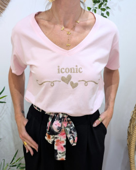 T-Shirt femme Iconic coeurs paillettes dorées-Rose