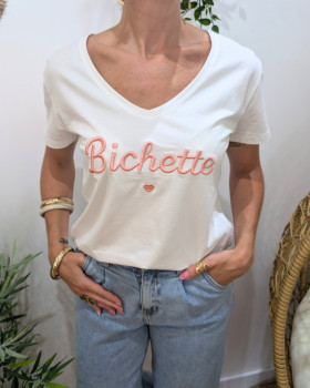 T-Shirt femme blanc broderie bichette rose poudré