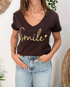 T-Shirt femme marron broderie smile doré