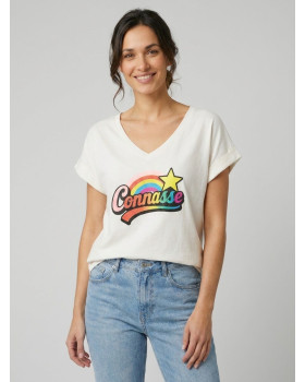 T-shirt femme uni col V Connasse arc en ciel-Beige