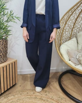 Pantalon femme fluide bleu marine taille haute