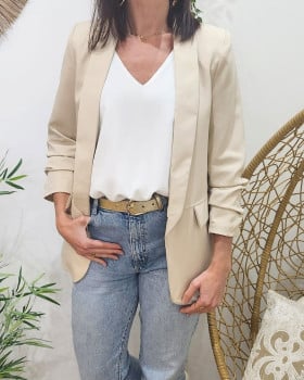 Blazer femme manches plissées beige clair