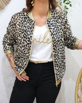 Bombers femme beige léopard noir liseré brillant
