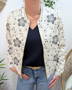 Bombers femme beige fleurs brodées marine Nessa