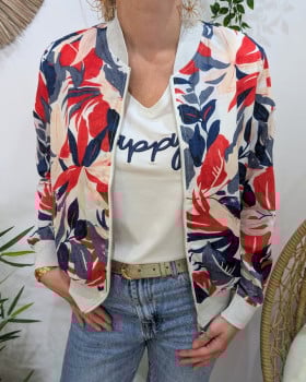 Bombers femme blanc feuillages marines et rouges