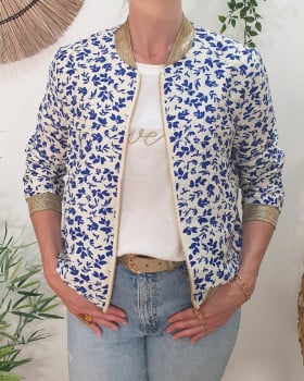Bombers femme écru fleurs bleu électrique Harmonie