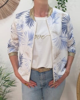 Bombers femme écru feuillages bleus et beiges Ombelline