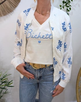 Bombers femme blanc fleurs brodées bleu