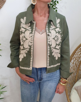 Veste femme kaki broderies beiges Ilyana