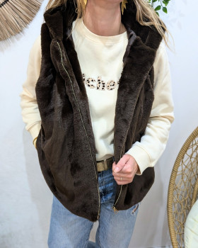 Veste sans manche femme à capuche fausse fourrure-Marron