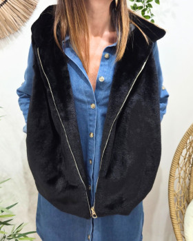 Veste sans manche femme à capuche fausse fourrure-Noir
