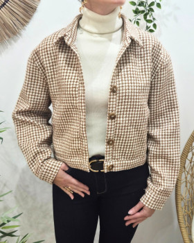 Veste à carreaux femme camel liseré doré