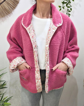 Veste femme à pressions imitation mouton réversible - rose floral