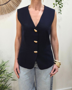 Veste sans manches femme marine boutons dorés Elio