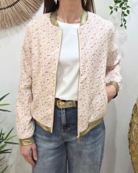 Bombers femme écru fleurs roses et jaunes Olimpia