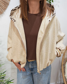 Veste femme chinée à capuche léopard Auxane-Beige