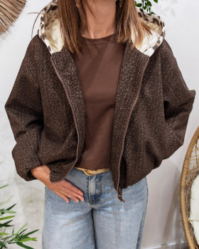 Veste femme chinée à capuche léopard Auxane-Marron